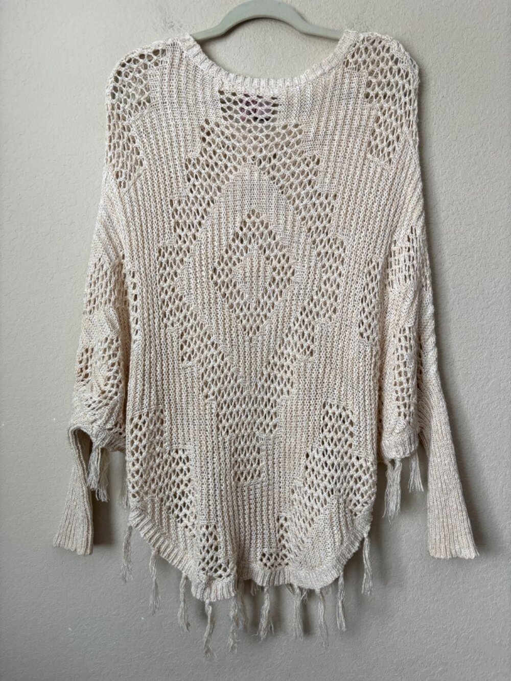 Boho Loose Knit Crochet Fringe Trim Festival Poncho Sweater Top - Picture 8 of 8